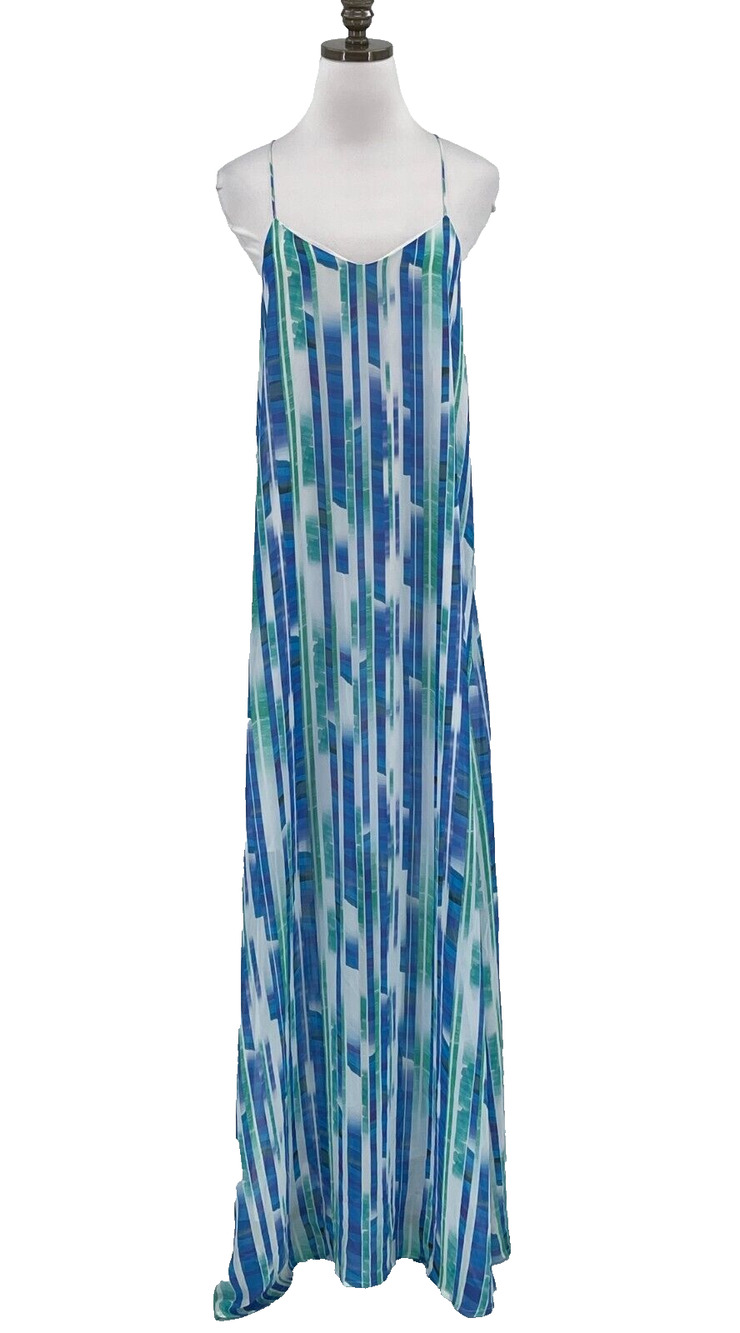Amy Matto Blue Stripe Chiffon Long Strappy Racer Back Dress Sz M New